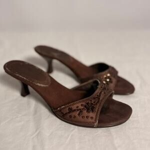 Brown Beaded Kitten Heel Sandals - Size 8
